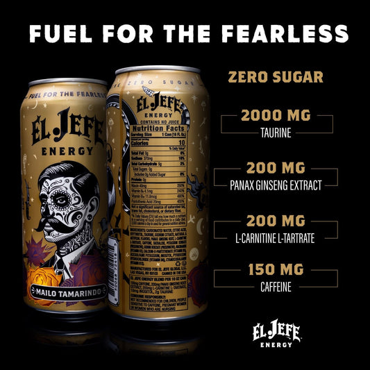 El Jefe Energy drink can with nutritional information on a black background