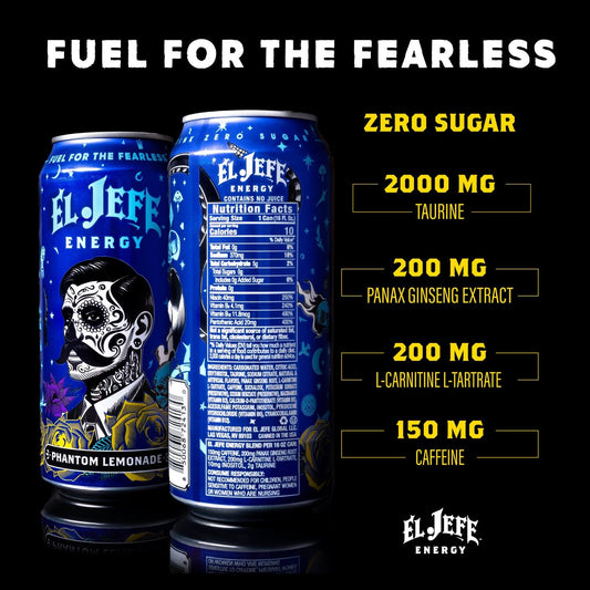 El Jefe Energy drink can with nutritional information on a black background