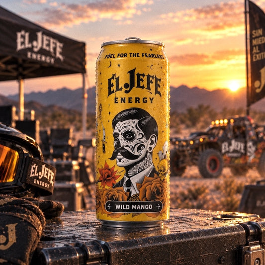 A yellow El Jefe Energy can labeled Wild Mango stands on a dark surface at sunset, with off-road vehicles, mountains, and tents in the background. The can features a black-and-white illustrated face with decorative text and floral artwork.