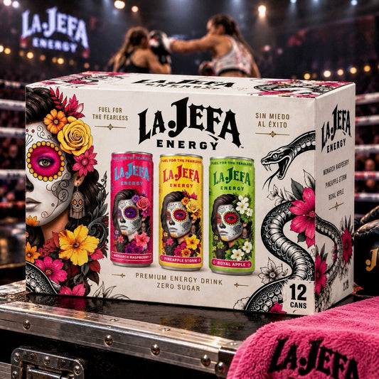 The variety pack of La Jefa Energy drinks, with 3 flavors: Monarch Raspberry, Pineapple Storm and Royal Apple. In the background, a boxing ring with two fighters.