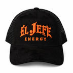 A black trucker hat with orange embroidered text reading 'EL JEFE ENERGY' on the front, shown against a plain white background.