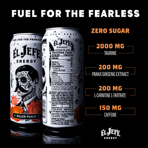 El Jefe Energy Killer Peach drink cans with nutritional facts on a black background