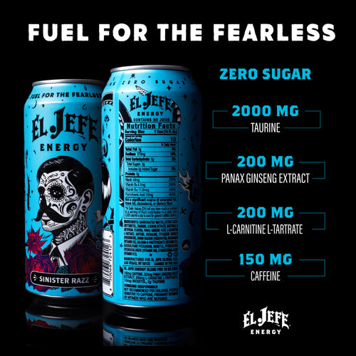 El Jefe Energy Sinister Razz can with nutritional information on a black background