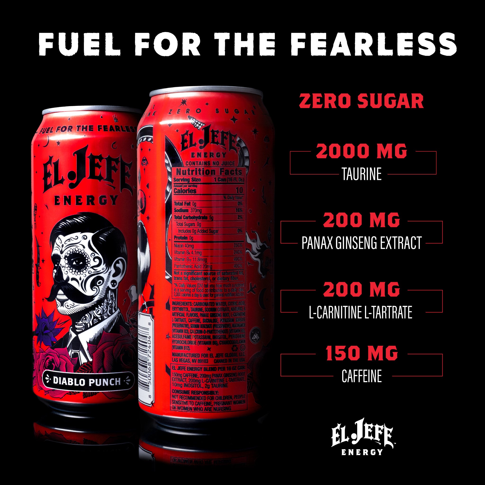 Two Diablo Punch red energy drink cans with 'El Jefe Energy' branding and nutritional information on a black background.