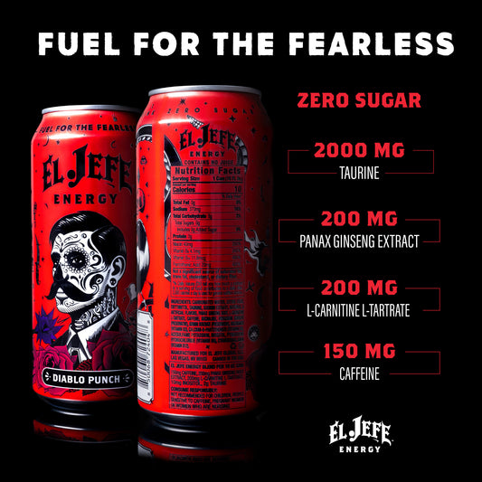Two Diablo Punch red energy drink cans with 'El Jefe Energy' branding and nutritional information on a black background.