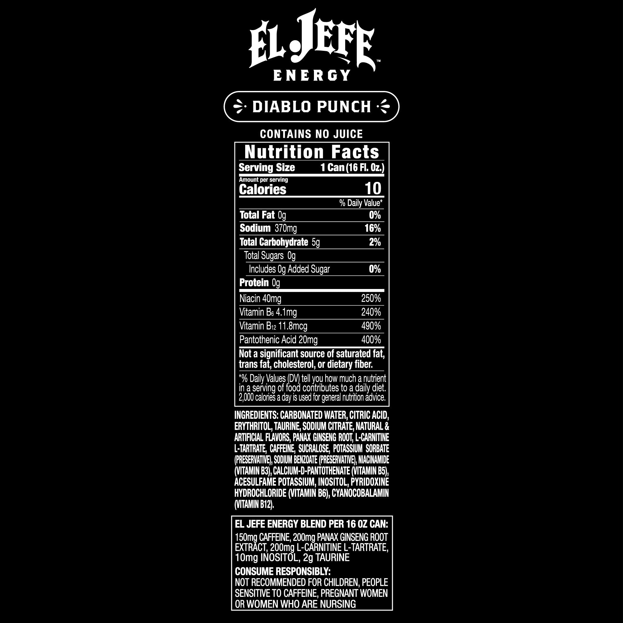 Nutrition facts label for El Jefe Energy Diablo Punch on a black background