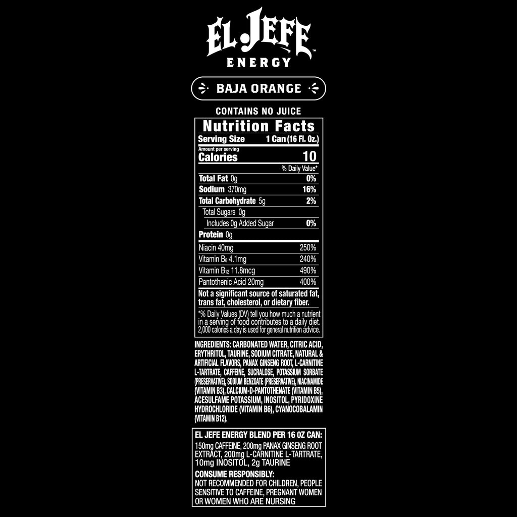 Nutrition facts label for El Jefe Energy Baja Orange on a black background