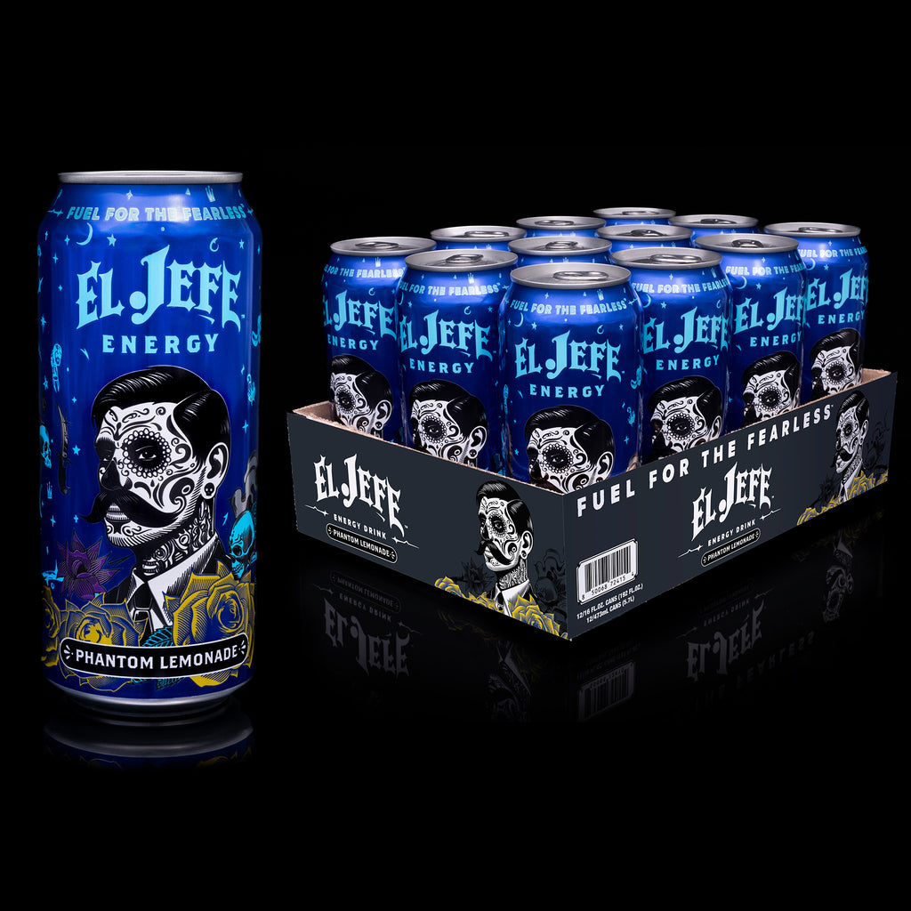 El Jefe Energy Phantom Lemonade can with a 12pk tray of the same product on a black background