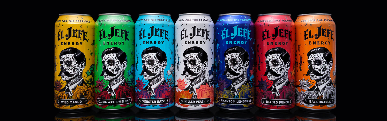Row of colorful 'El Jefe Energy cans in various flavors on a black background