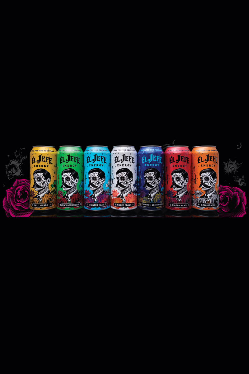 Row of colorful El Jefe Energy cans with unique designs on a black background