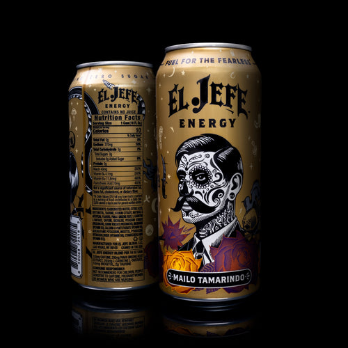 Two cans of El Jefe Energy drink Mailo Tamarindo on a black background