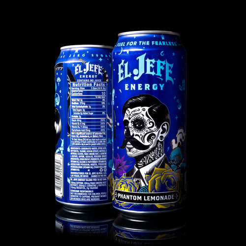 Two cans of El Jefe Energy  Phantom Lemonade on a black background