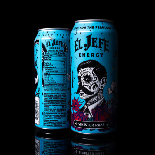 Two cans of Sinister Razz El Jefe Energy drink with a black background