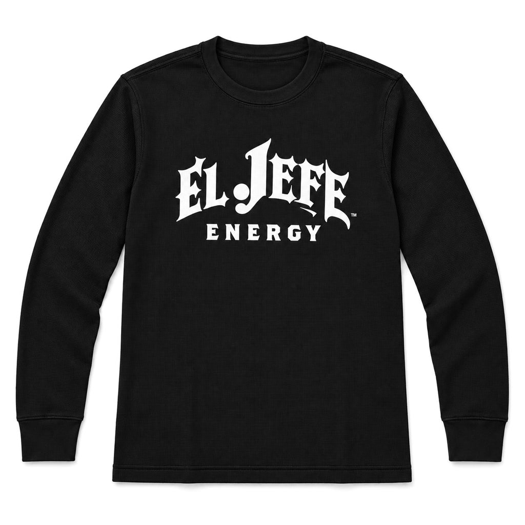 A black long-sleeve crewneck waffle-knit t-shirt with 'EL JEFE ENERGY' printed in a white gothic font on the chest, displayed against a solid white background.