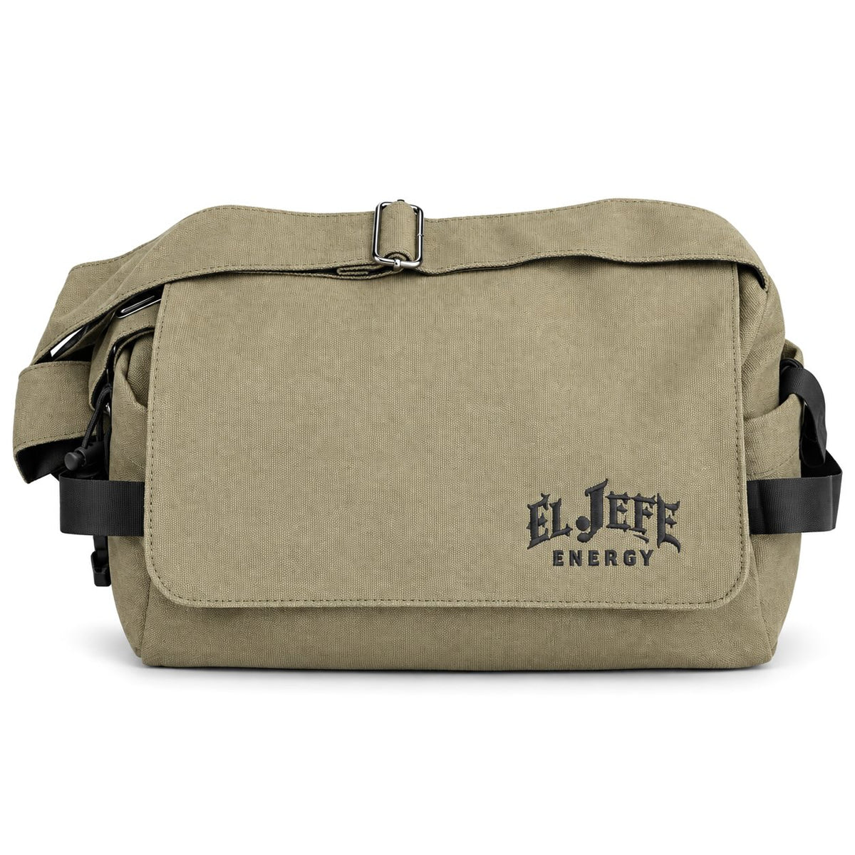 A khaki canvas messenger bag with black straps and buckles, featuring the 'El Jefe Energy' logo printed in black on the front pocket, set against a plain white background.