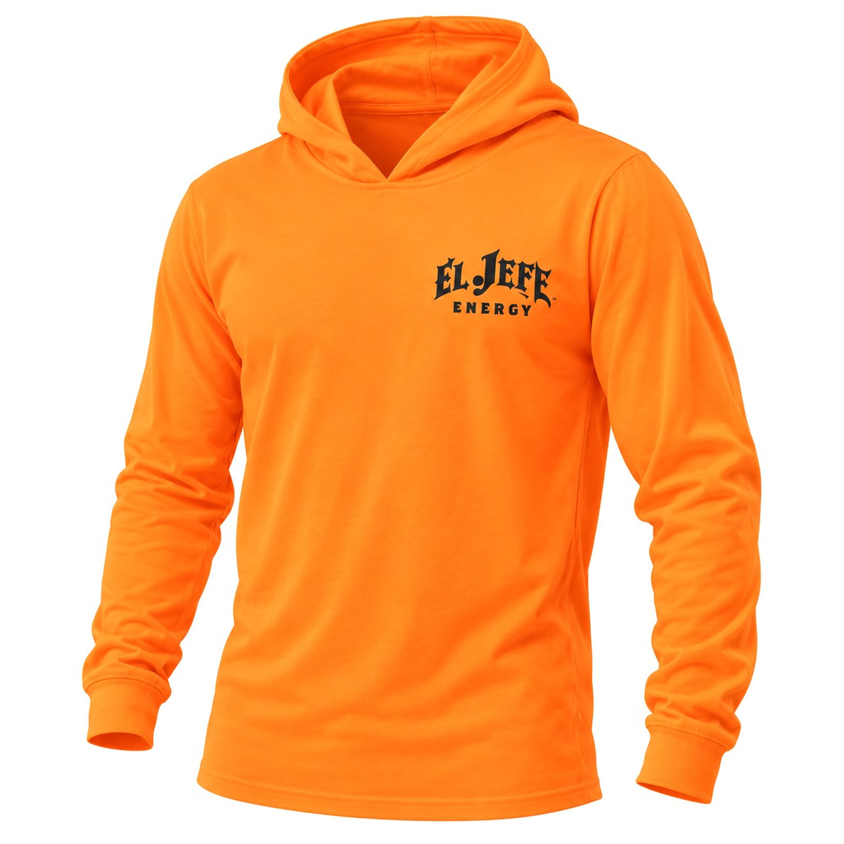 A bright orange long-sleeve hoodie with a black 'EL JEFE ENERGY' logo printed on the left chest, displayed on a clean white background.