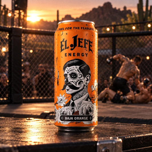 An orange can of El Jefe Energy Baja Orange beverage stands on a wet surface in an outdoor ring or arena at sunset, with a chain-link fence and blurred fighters in the background.