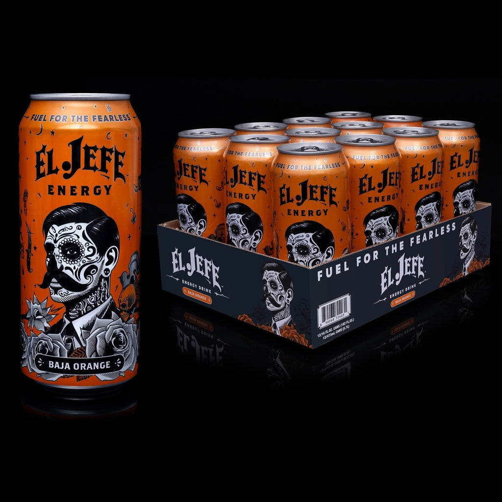 El Jefe Energy Baja Orange canned drinks, with one can shown prominently in the foreground and a black cardboard tray holding multiple cans behind it, all on a black reflective background.