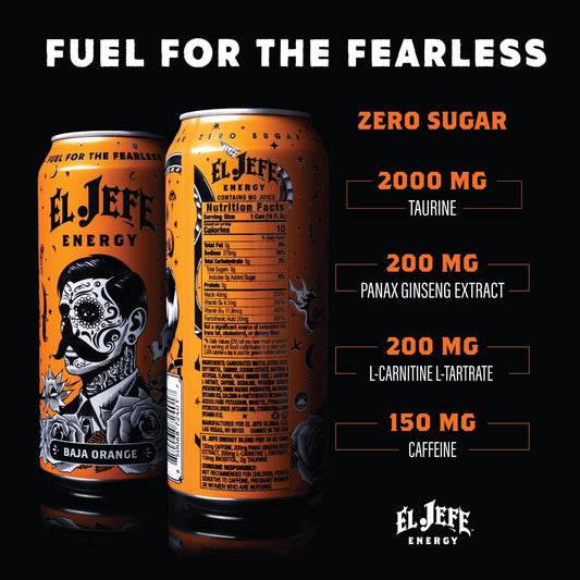 El Jefe Energy Baja Orange energy drink cans shown on a black background with promotional text highlighting zero sugar, 2000 mg taurine, 200 mg panax ginseng extract, 200 mg l-carnitine l-tartrate, and 150 mg caffeine.