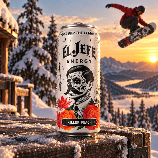 A single El Jefe Energy can labeled Killer Peach stands on a snowy wooden ledge in a mountain setting at sunset, with a snowboarder jumping in the background.