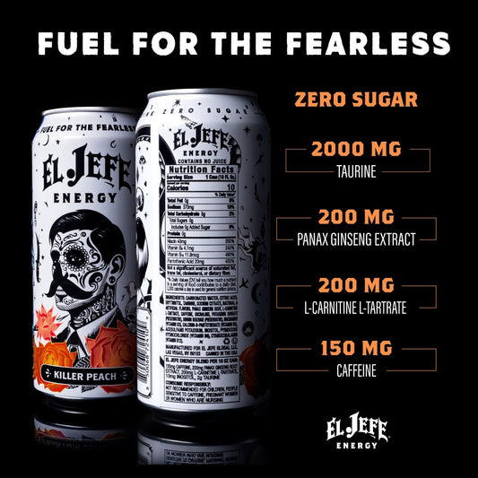 Two El Jefe Energy cans on a black background with marketing text. The left can shows the front label with a skull-and-face illustration and peach/orange graphics, and the right can shows the nutrition facts panel.