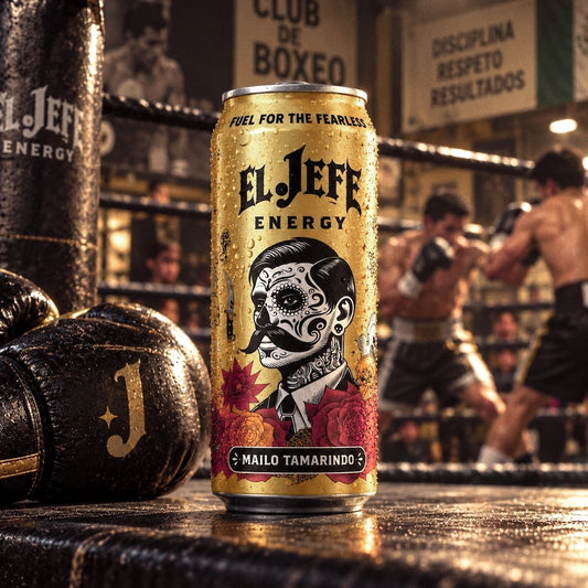 A golden El Jefe Energy drink can stands on a boxing ring in a boxing gym, with boxing gloves and a punching bag in the foreground and blurred boxers in the background.