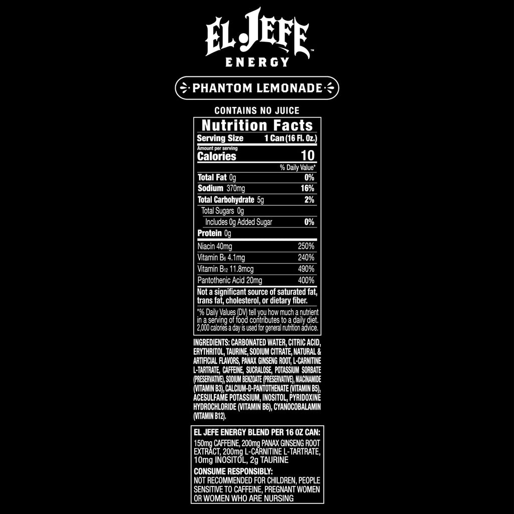 The back of an El Jefe Energy Phantom Lemonade can, featuring a black background with white text displaying the nutrition facts, ingredients, and serving recommendations.