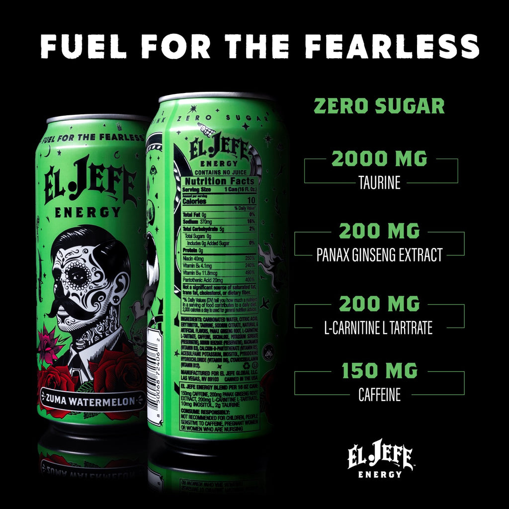 El Jefe Energy drink can with nutritional facts on a black background
