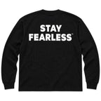 A black long-sleeve waffle-knit t-shirt with 'STAY FEARLESS' printed in bold white capital letters across the chest, shown against a plain white background.