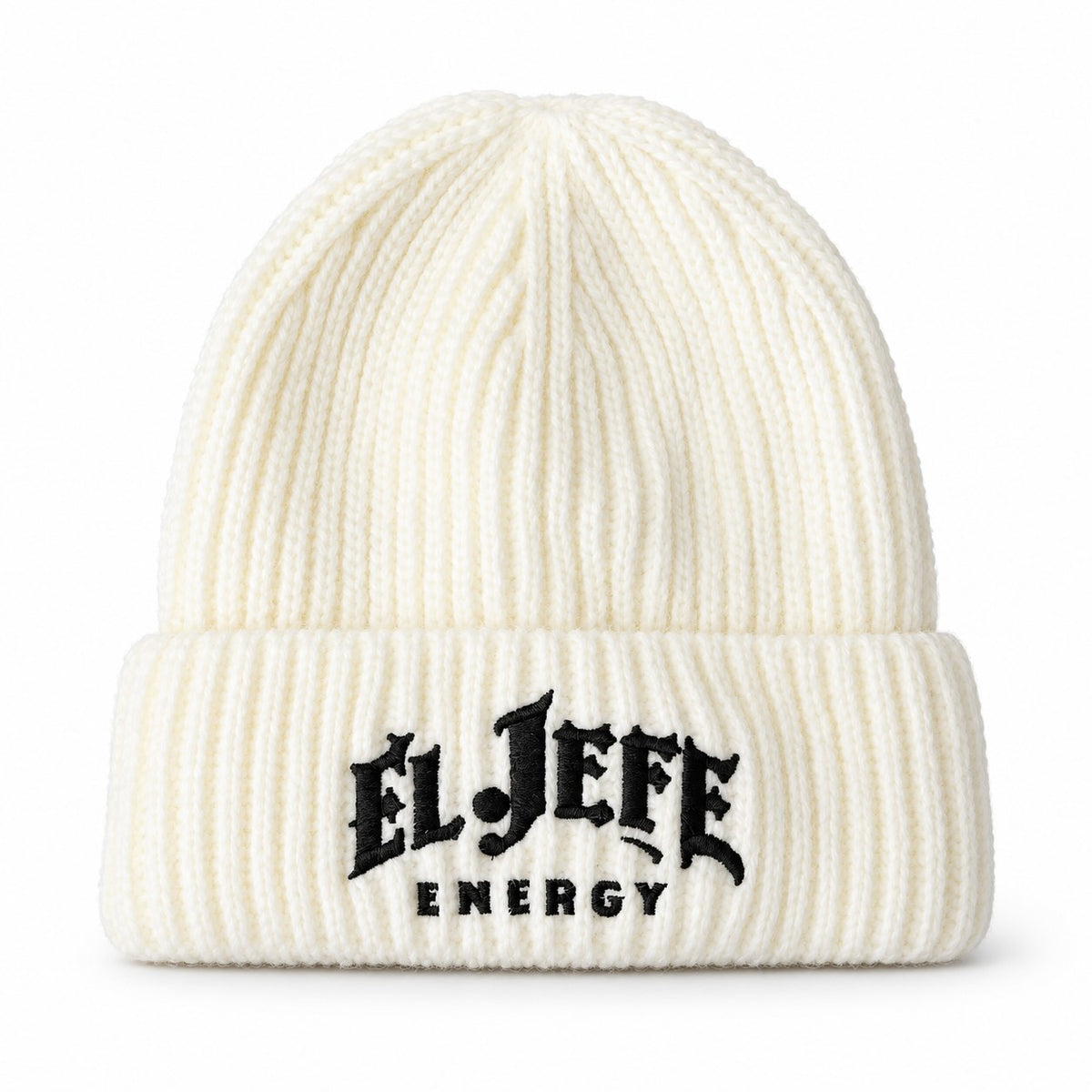 An off-white ribbed knit beanie hat featuring the text 'EL JEFE ENERGY' embroidered in black on the front cuff, set against a plain white background.