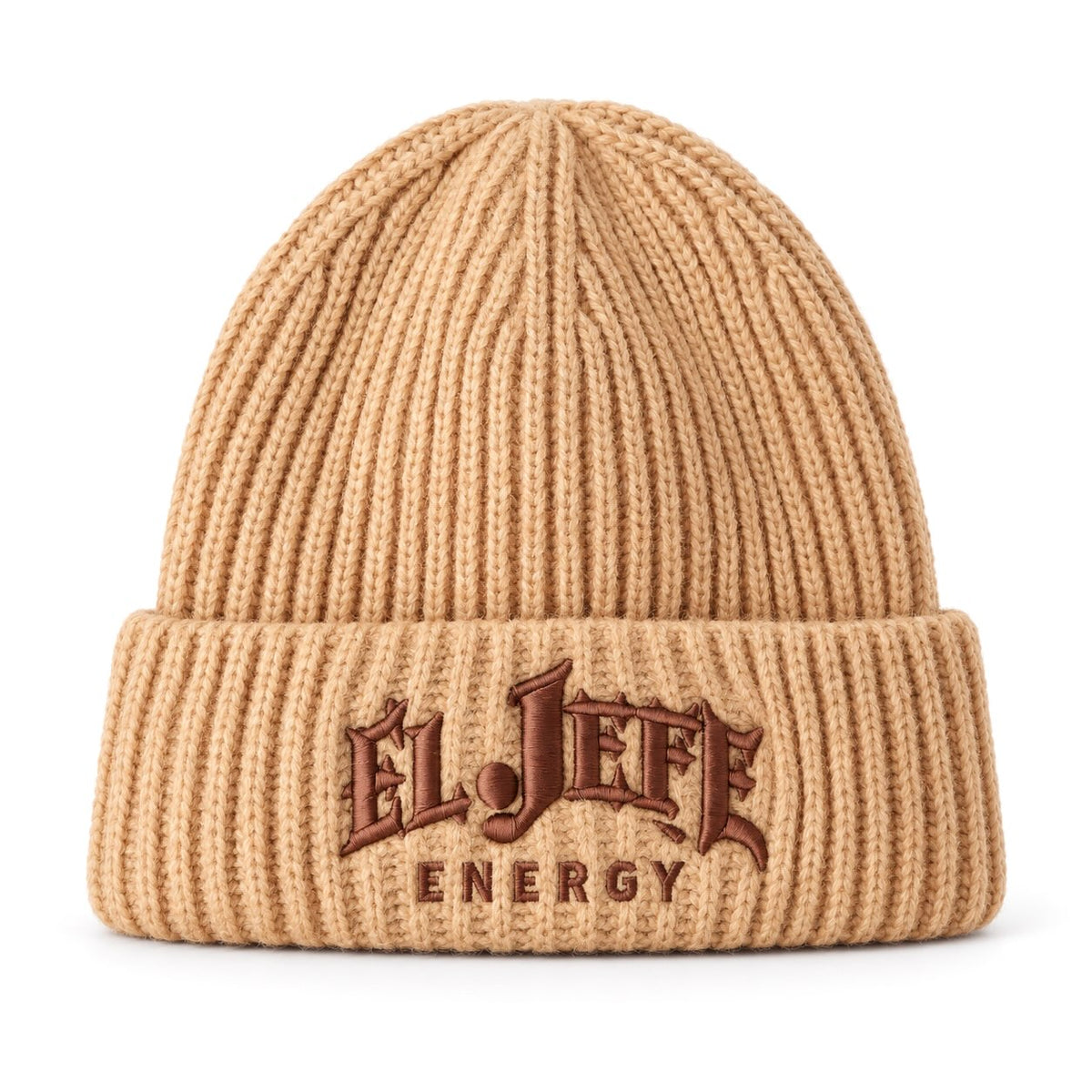 A ribbed knit beanie hat in a warm tan/camel color, featuring a folded cuff with the words 'EL JEFE ENERGY' embroidered in dark brown.