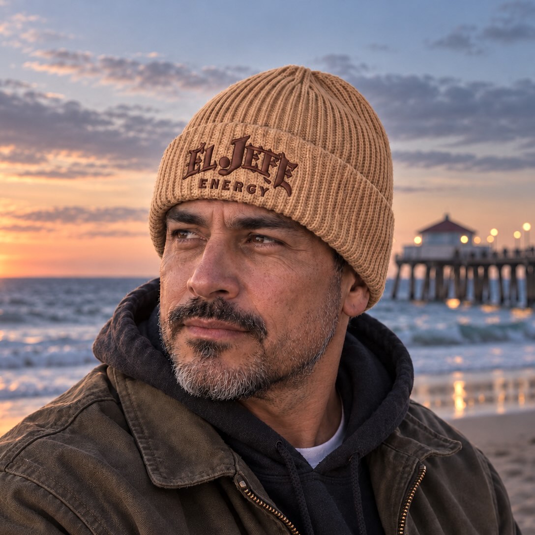 A man wearing a tan ribbed knit beanie with 'EL JEFE ENERGY' embroidered on the front, standing on a beach with the ocean and a pier in the background at sunset.