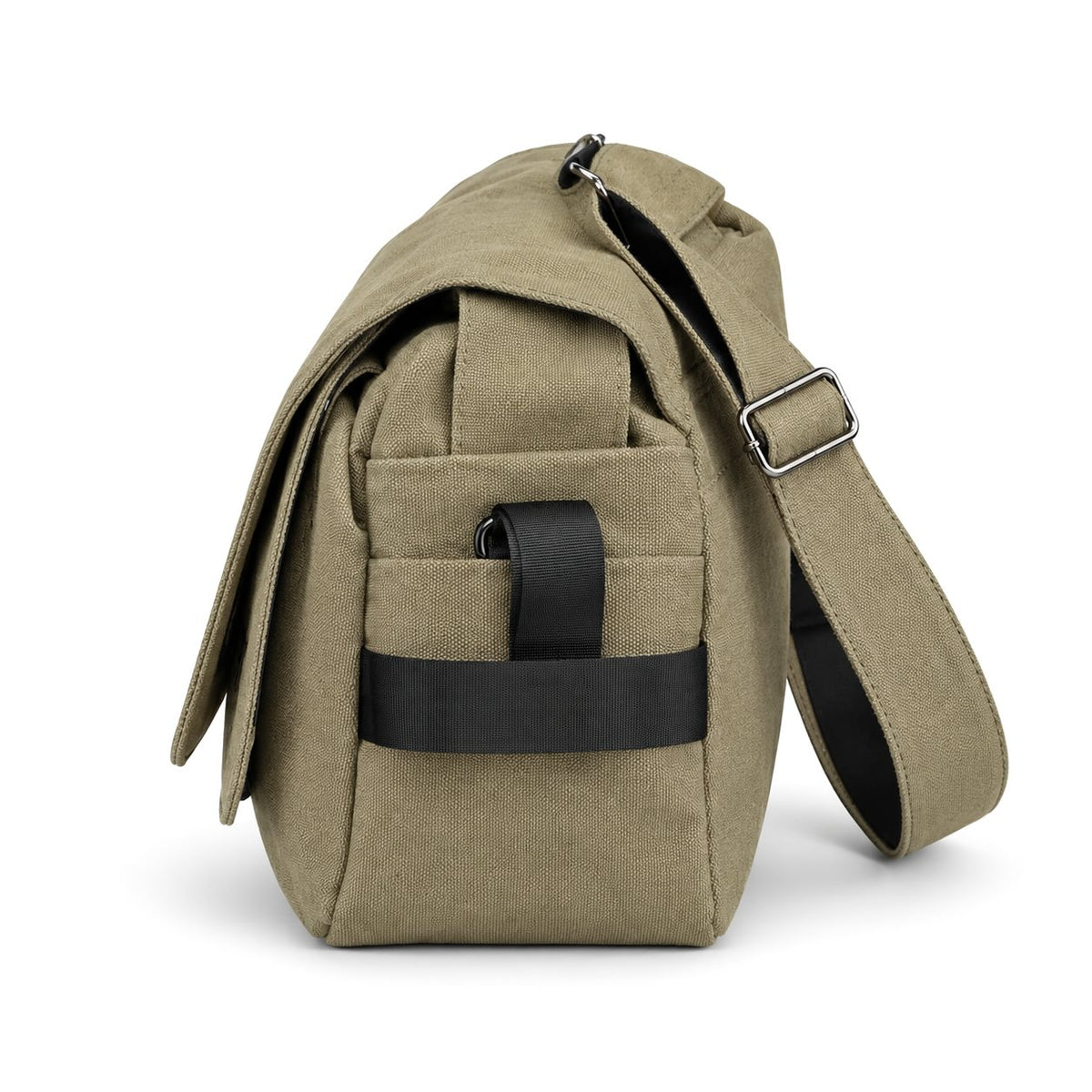 An olive green canvas messenger bag with black accents and a wide adjustable shoulder strap, shown on a clean white background.