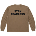 A brown long-sleeve waffle-knit t-shirt shown from the back, featuring the words 'STAY FEARLESS' printed in bold black capital letters across the upper back.