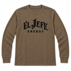 A khaki long-sleeve waffle-knit t-shirt with 'EL JEFE ENERGY' printed in black across the chest, displayed on a clean white background.