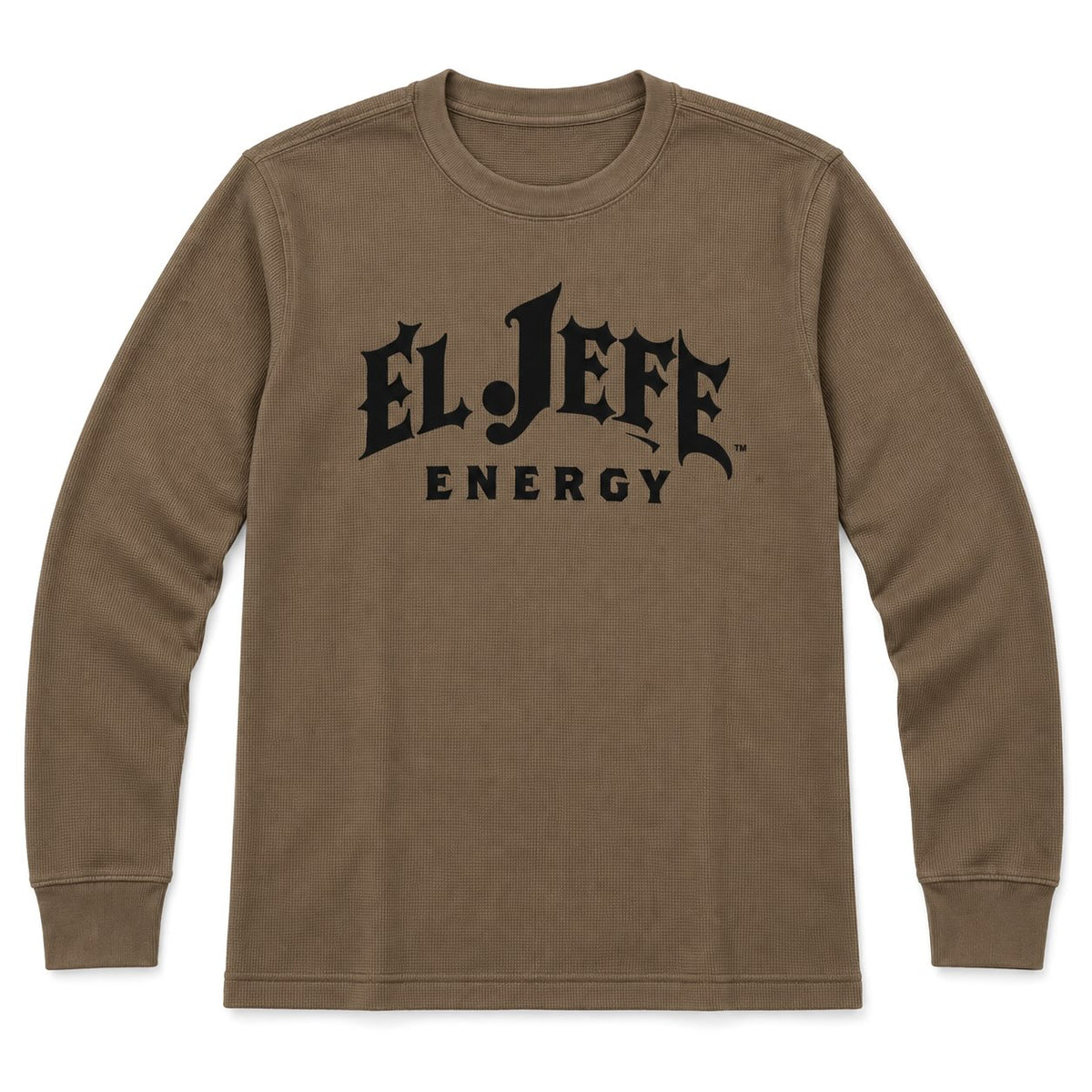 A khaki long-sleeve waffle-knit t-shirt with 'EL JEFE ENERGY' printed in black across the chest, displayed on a clean white background.