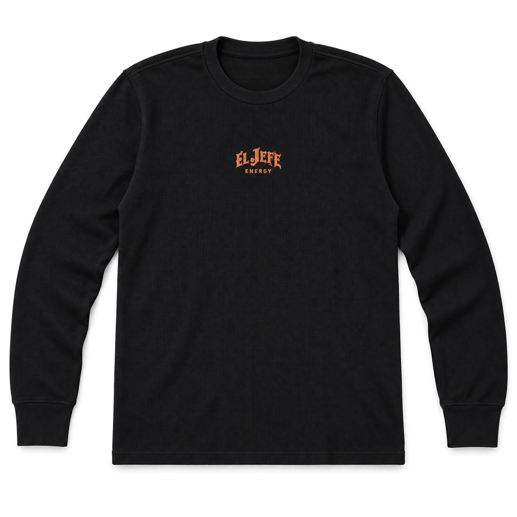 A black long-sleeve crewneck t-shirt with a small orange 'EL JEFE ENERGY' logo printed on the left chest, displayed on a clean white background.