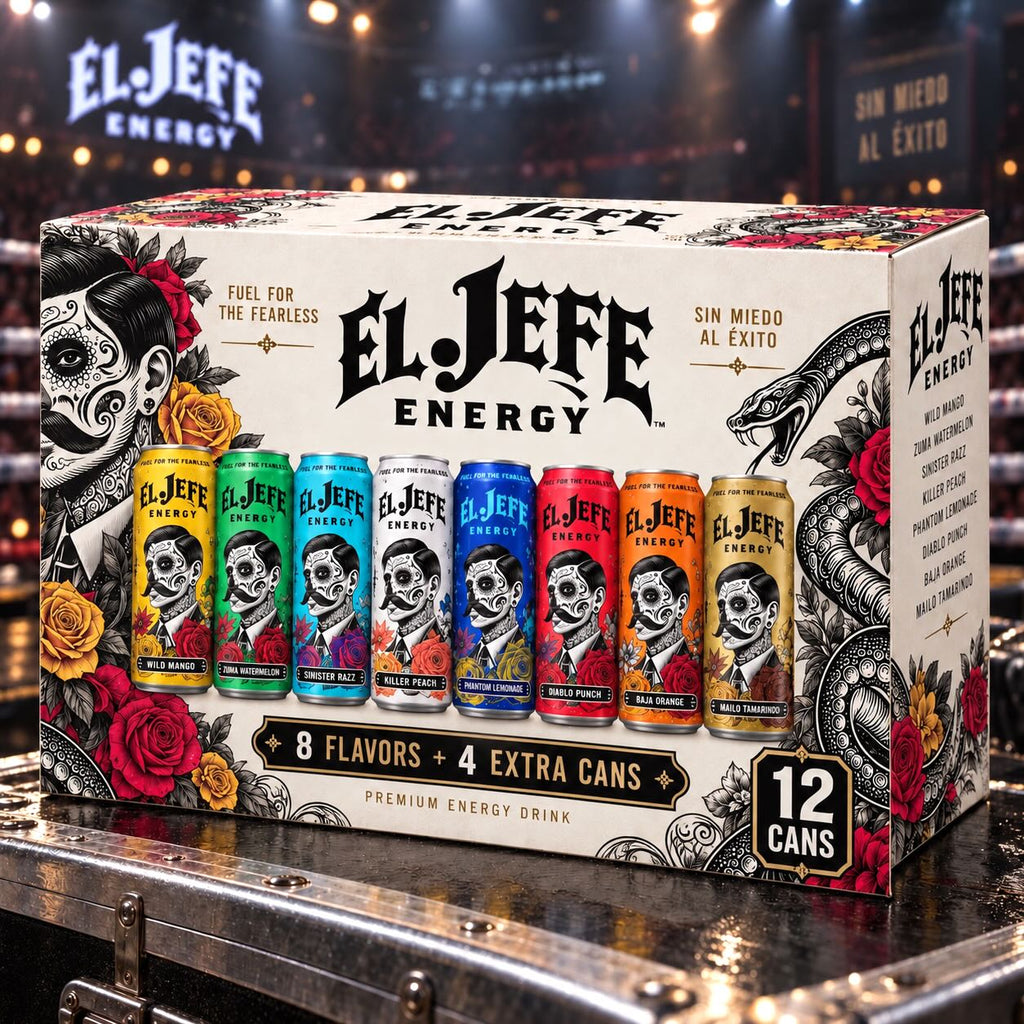 El Jefe Energy Premium Energy Drink 12-pack box with 8 illustrated cans in different colors lined up on the front, set on a metallic surface with a dark, atmospheric background.