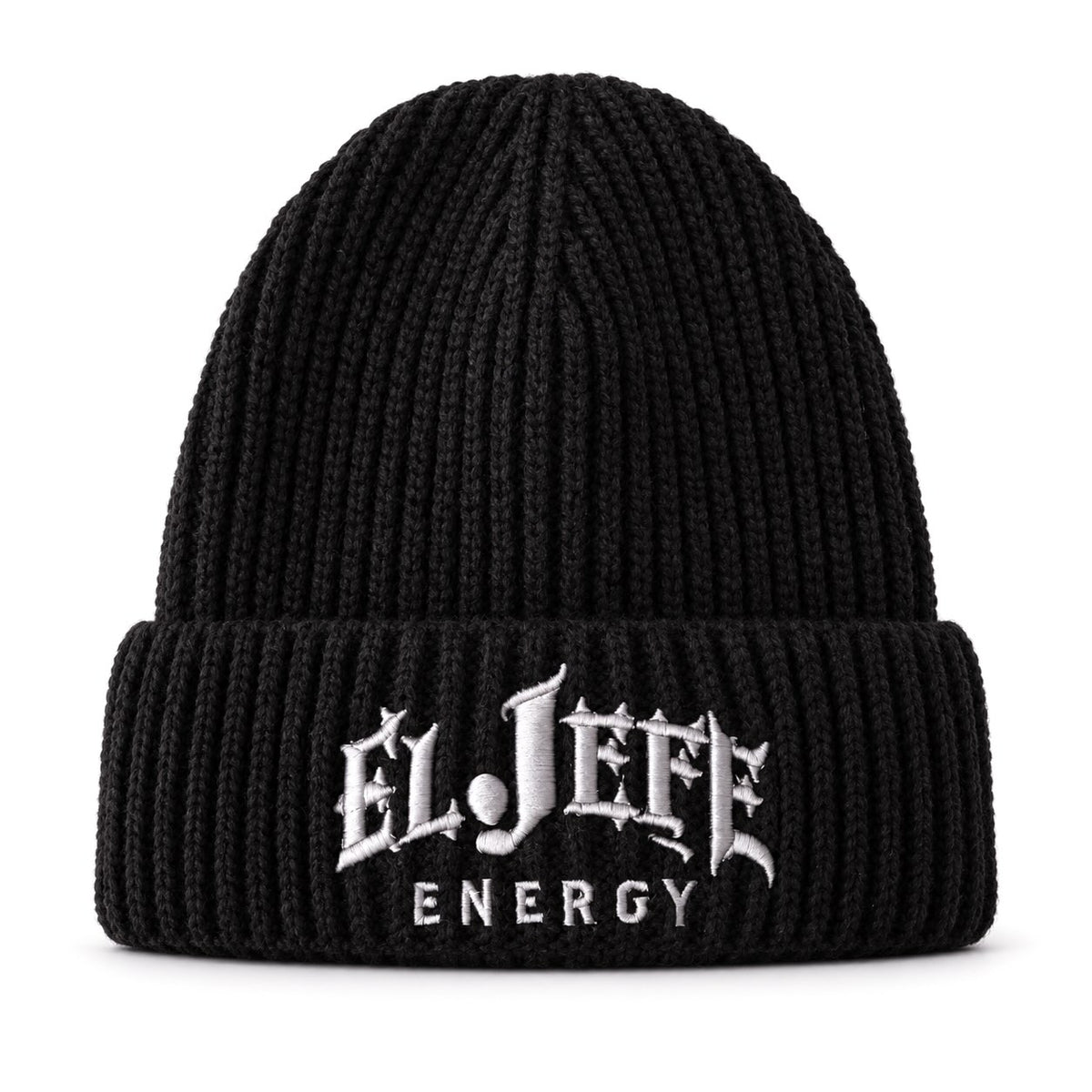 A black ribbed knit beanie hat with a white embroidered logo reading 'EL JEFE ENERGY' on the front cuff, shown against a plain white background.
