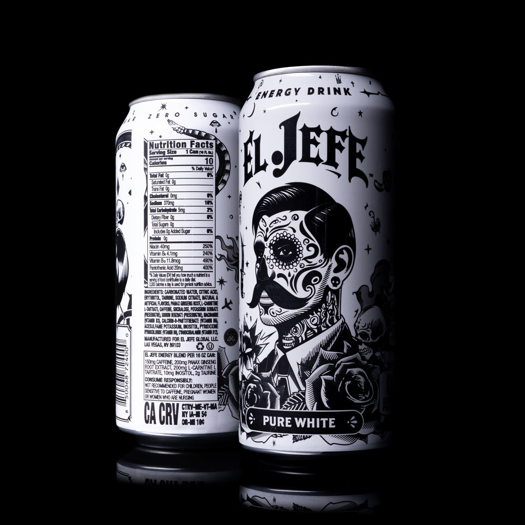 Two cans of 'El Jefe' energy drink with black and white design on a black background