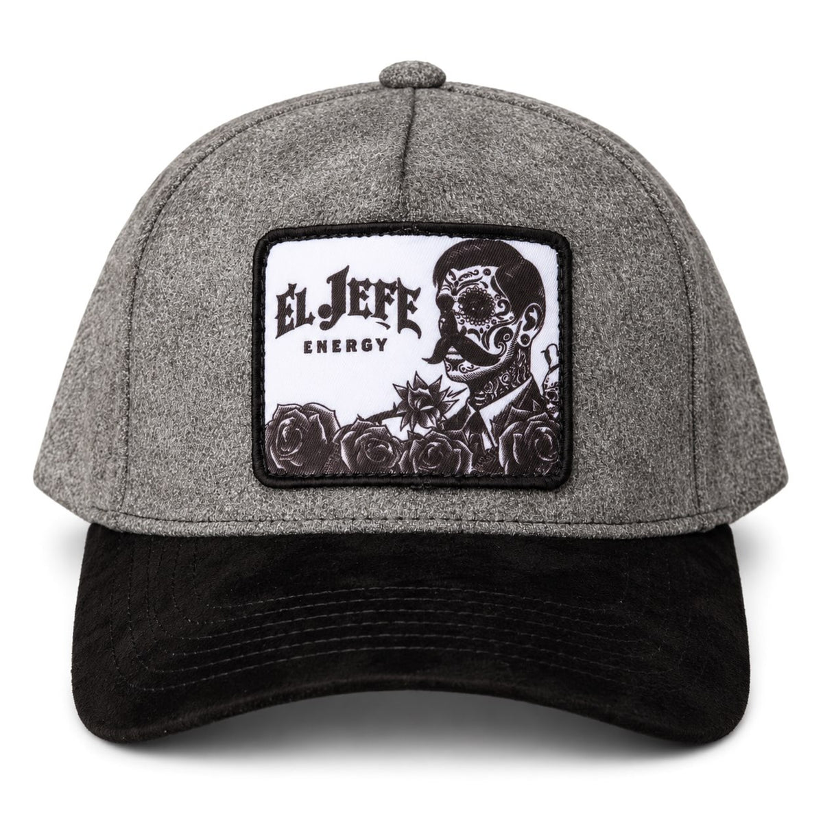A heather gray and black baseball cap featuring a rectangular front patch with the text 'EL JEFE ENERGY' and a black-and-white illustration of a skull-faced figure with roses.