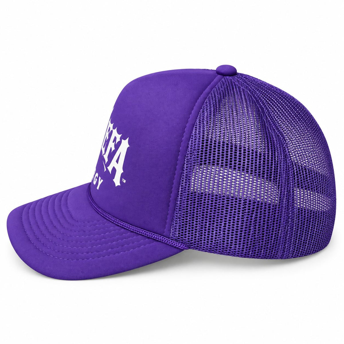 A purple trucker-style baseball cap with a curved brim, featuring a white graphic logo on the front panel and a matching purple mesh back.