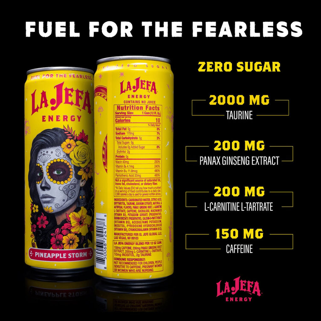 Two yellow LaJefa Energy canned drinks shown on a black background, with marketing text listing zero sugar, 2000 mg taurine, 200 mg panax ginseng extract, 200 mg l-carnitine l-tartrate, and 150 mg caffeine.