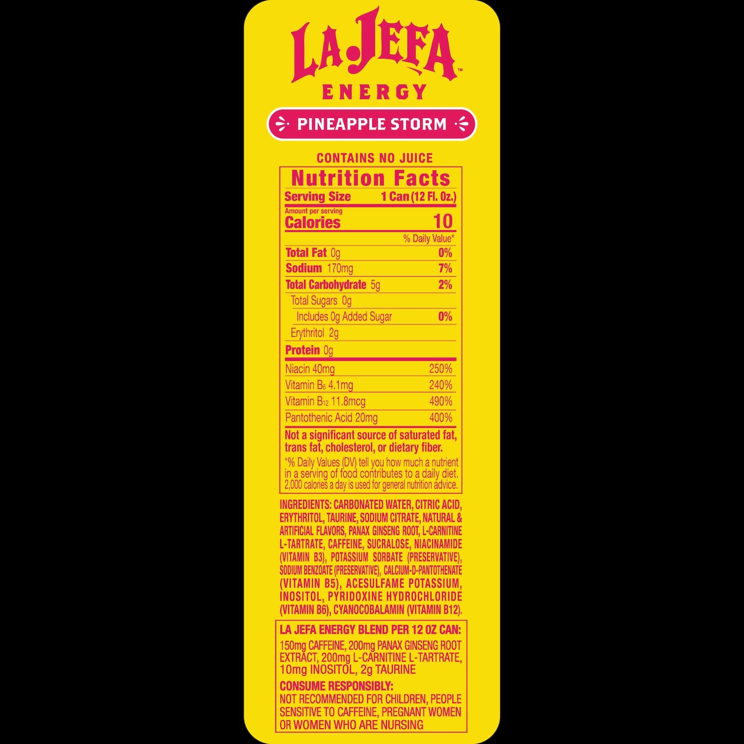 The back of a LaJefa Energy Pineapple Storm drink can, showing the nutrition facts panel, ingredients, and warning labels on a bright yellow background.