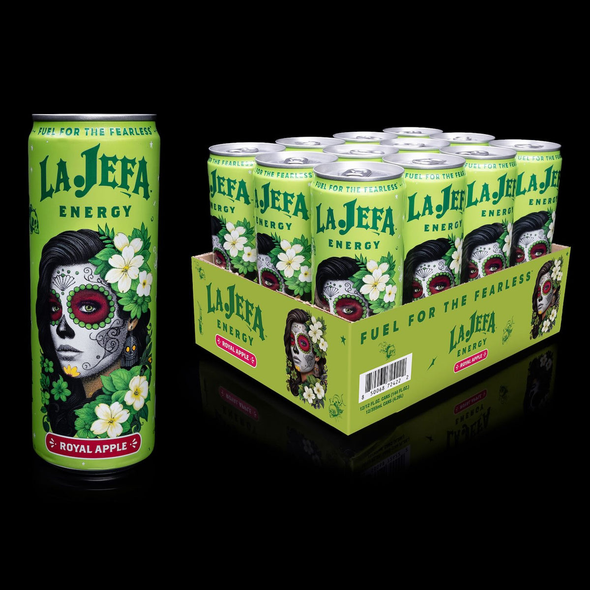 La Jefa Energy drink cans with packaging on a black background