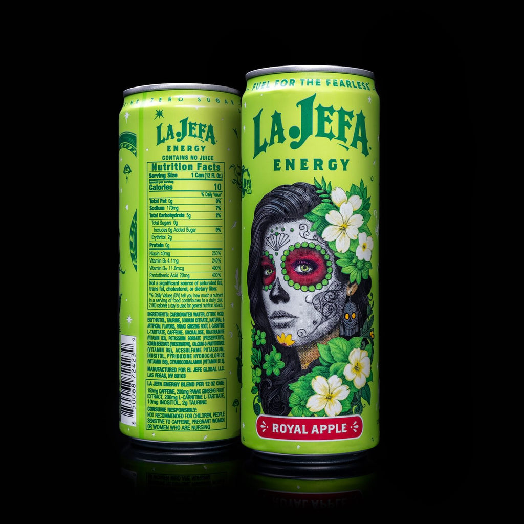 Two green energy drink cans labeled 'La Jefa Energy' on a black background