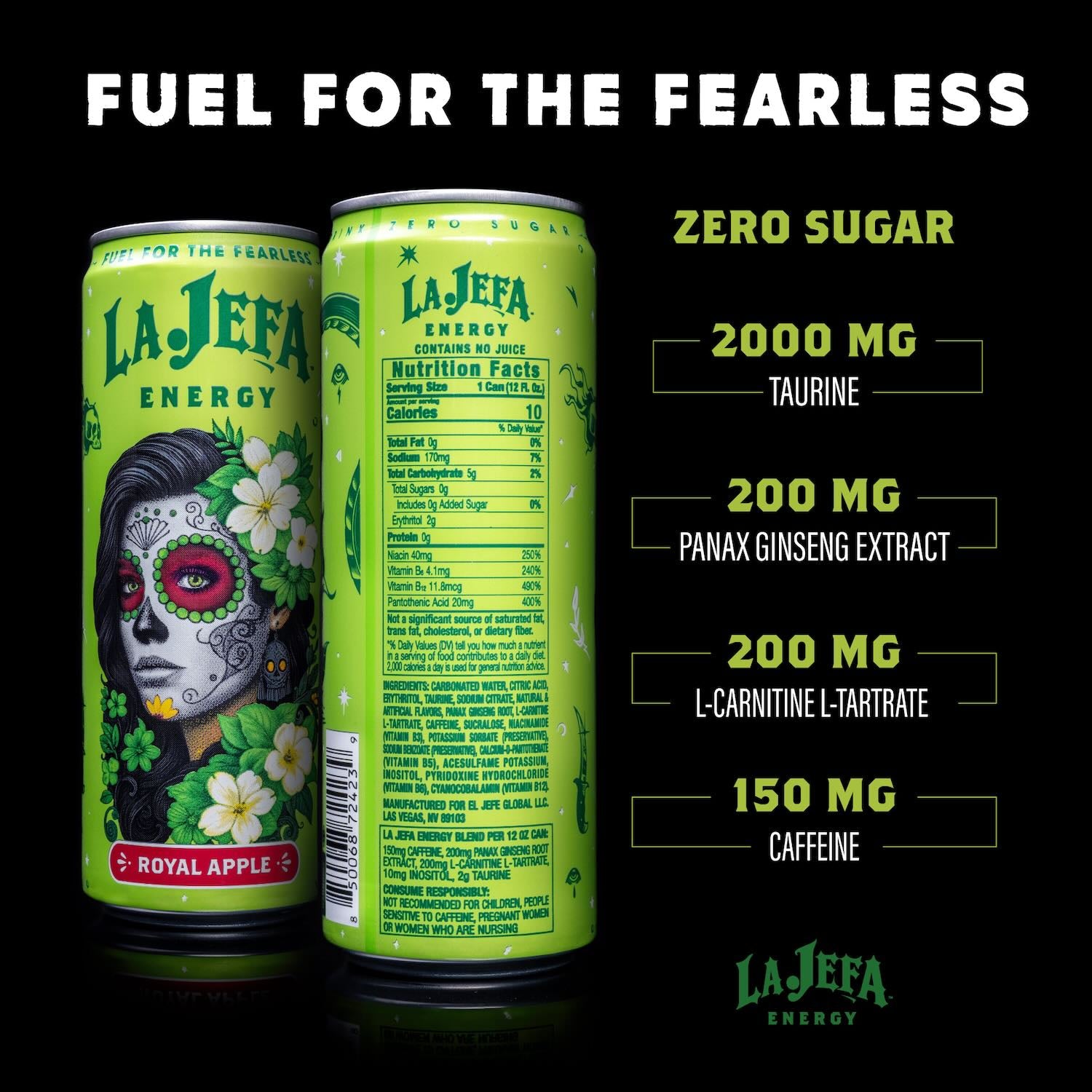 Two LaJeefa Energy drink cans shown on a black background, one front-facing and one back-facing, with marketing text listing zero sugar, 2000 mg taurine, 200 mg panax ginseng extract, 200 mg l-carnitine l-tartrate, and 150 mg caffeine.