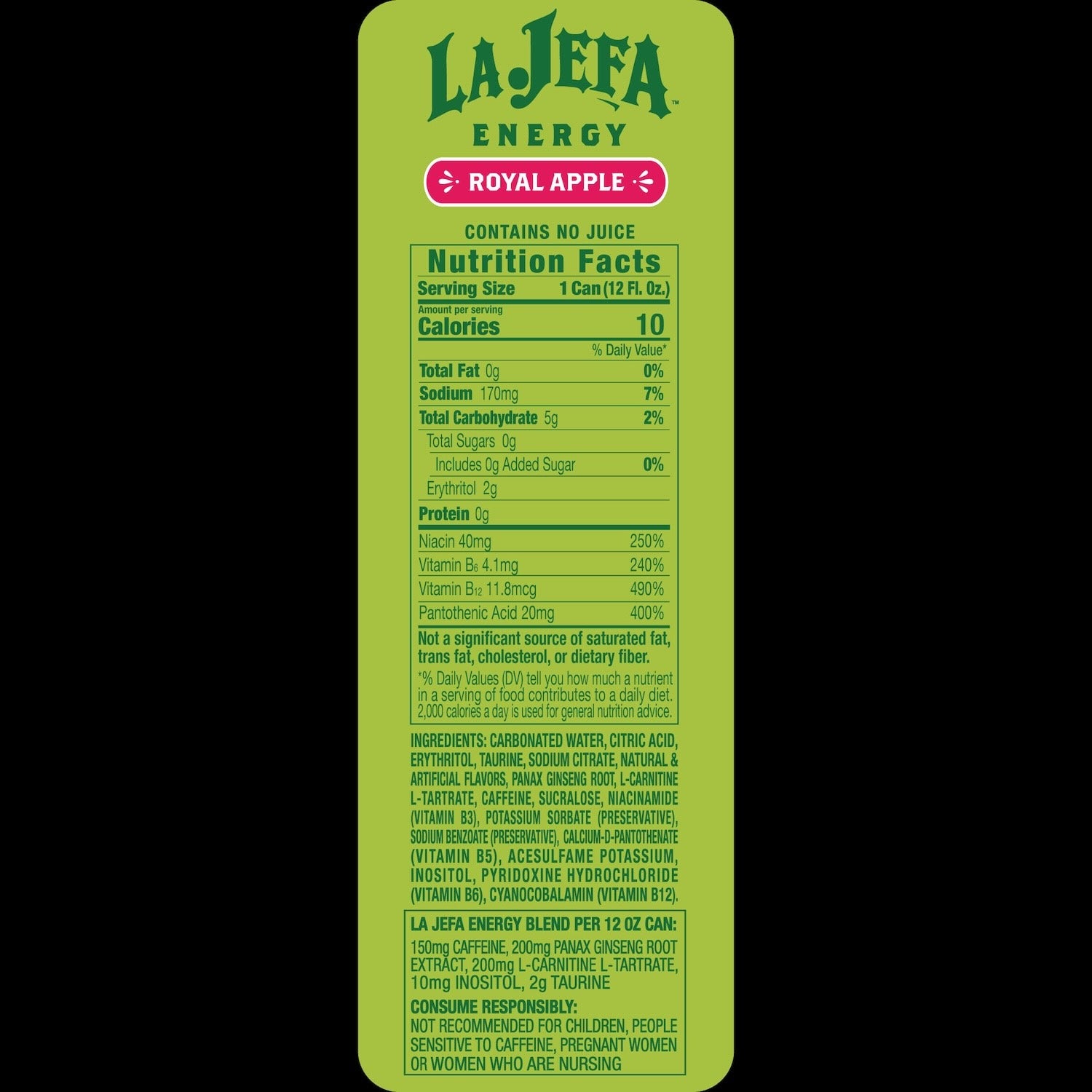 The back of a LaJefa Energy Royal Apple juice can, showing the nutrition facts panel, ingredients list, and warning label on a solid green background.