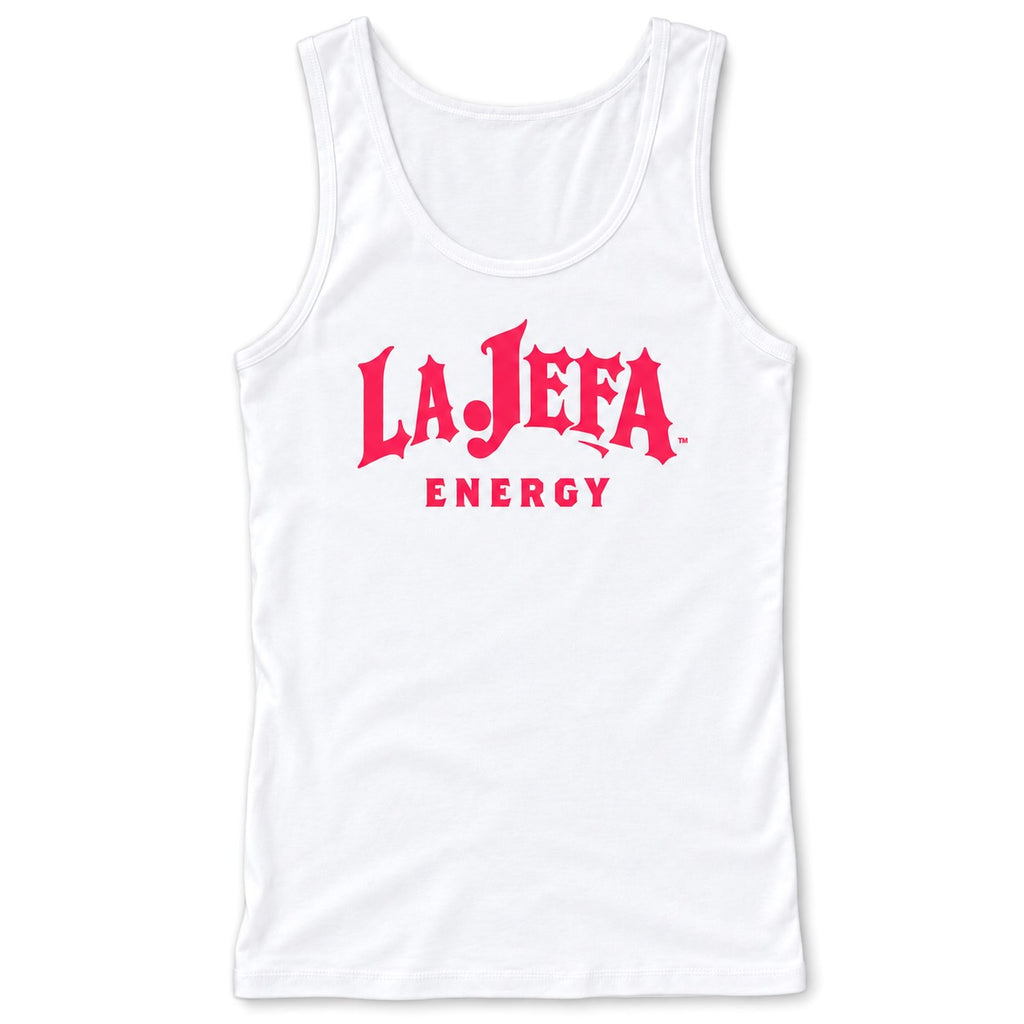 A white sleeveless tank top with 'LA JEFA ENERGY' printed in a bold red gothic font on the front, displayed against a plain white background.