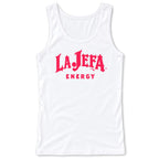 A white sleeveless tank top with 'LA JEFA ENERGY' printed in a bold red gothic font on the front, displayed against a plain white background.